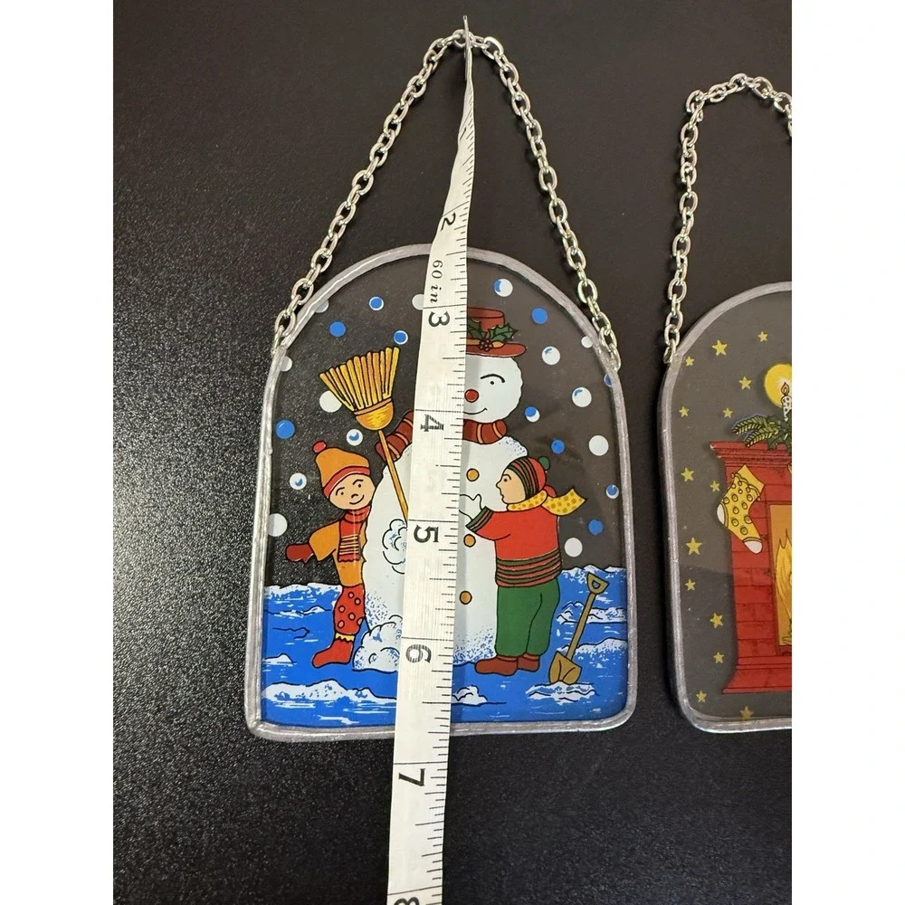 Vintage Holiday Snowman/Fireplace Metal/Glass Hanging Sun Catchers Set Of 2 - Picture 6 of 6
